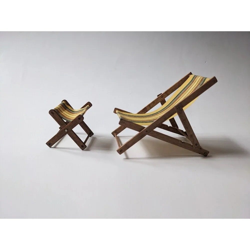 Vintage‎ Dollhouse Miniature Folding Beach Patio Outdoor Chaise Lounge Furniture